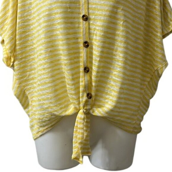 a.n.a Women's Yellow Striped Faux Button Down Tie Front Dolman Sleeve Top NWOT - Picture 2 of 8